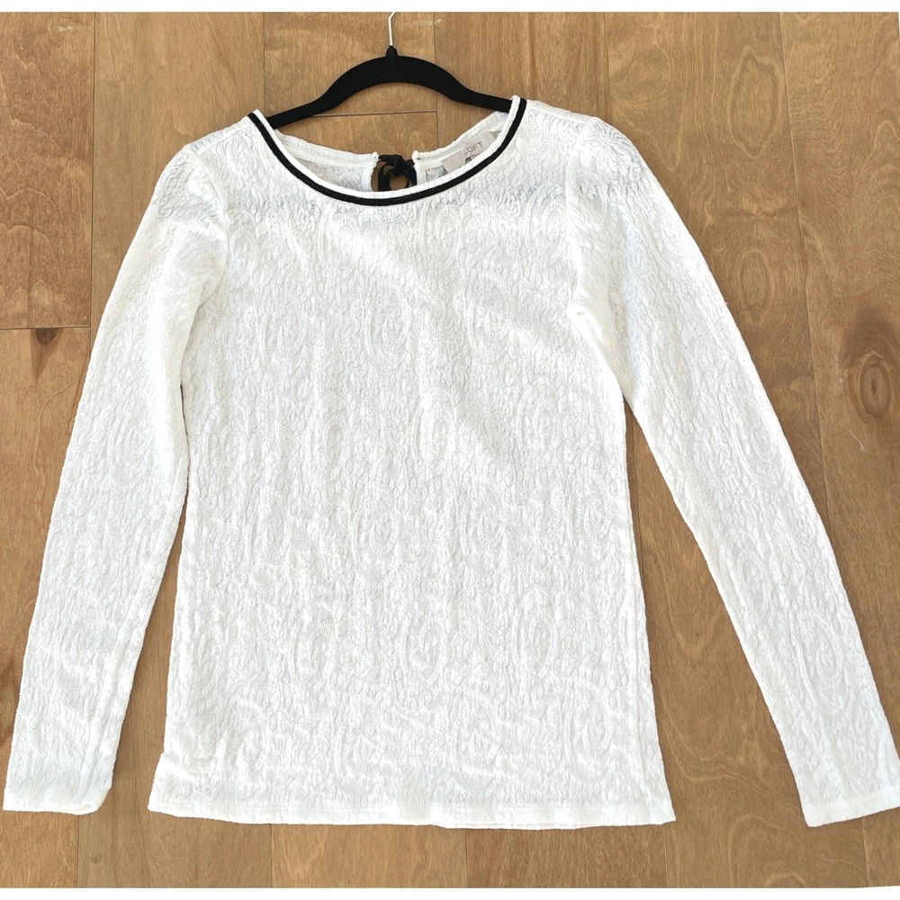 Loft Womens White Floral Lace Long Sleeve Top Black Velvet Tie Back XS